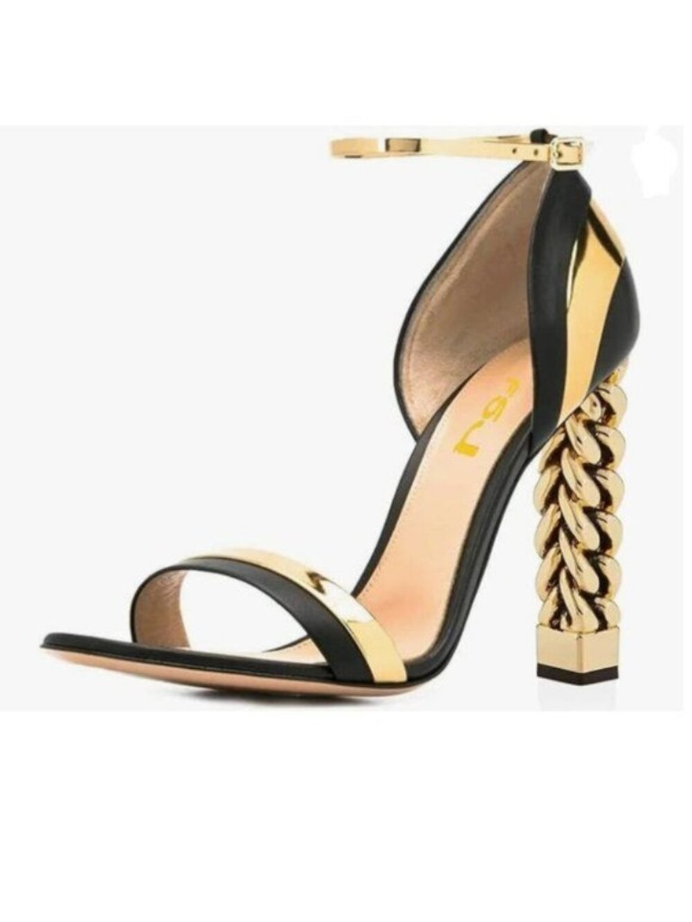 FSJ Gold Metal Chain Chunky High Heels Ankle Strap Sandals Open Toe Dressy Shoes